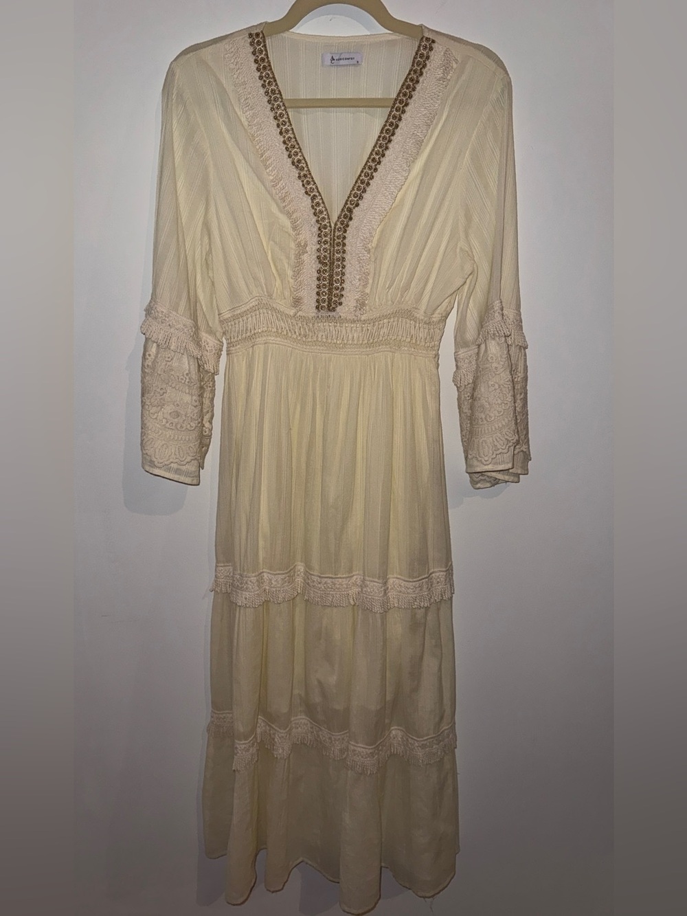 Bohemian Cream Women’s Tiered Maxi Dress with Lace Trim